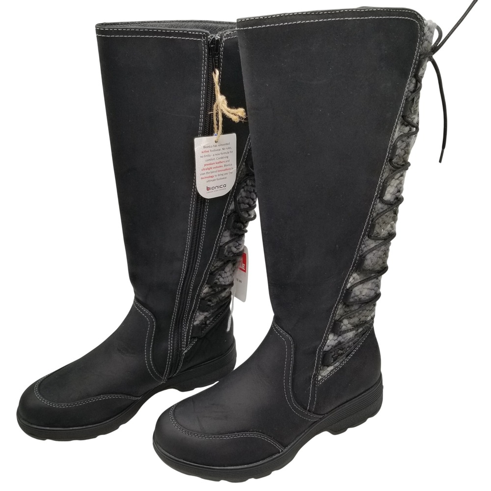 Bionica Tall Boots Women 6.5 Black Leather Knit Waterproof BI0004101 Mixed Media